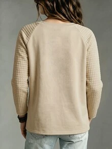 Holdful Holdful Women Ageless Solid Textured Knit Raglan Sleeve Pocket Patched Tee - Khaki - View 2