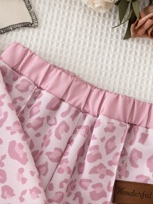 女嬰豹紋 Polo 寬腿褲 2 件套，米色鬆緊腰帶，適合郊區出遊、購物及其他場合，春秋冬季穿著 - 粉色 - 查看 3