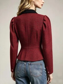 SHEIN Women Vintage Houndstooth Cropped Jacket Contrast Stand Collar Petal Sleeve Metal Button Peplum Hem Short Outerwear - Red - View 2