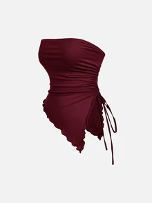 SHEIN MOD 3件組女款復古不對稱下擺抹胸上衣，無肩帶上衣，無肩帶襯衫，抹胸上衣套裝，無肩帶背心，抹胸上衣 - 酒紅色 - 查看 6