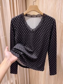 Rusticease Women's French Polka Dot Print Lace T-Shirt - Black - View 1