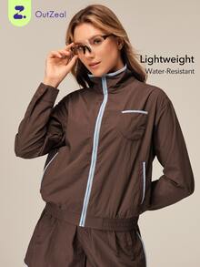 OutZeal Women Sports Jacket Gym Workout Casual Water-Resistant Multi Pockets Zip Up Jacket - Coffee Brown - View 1