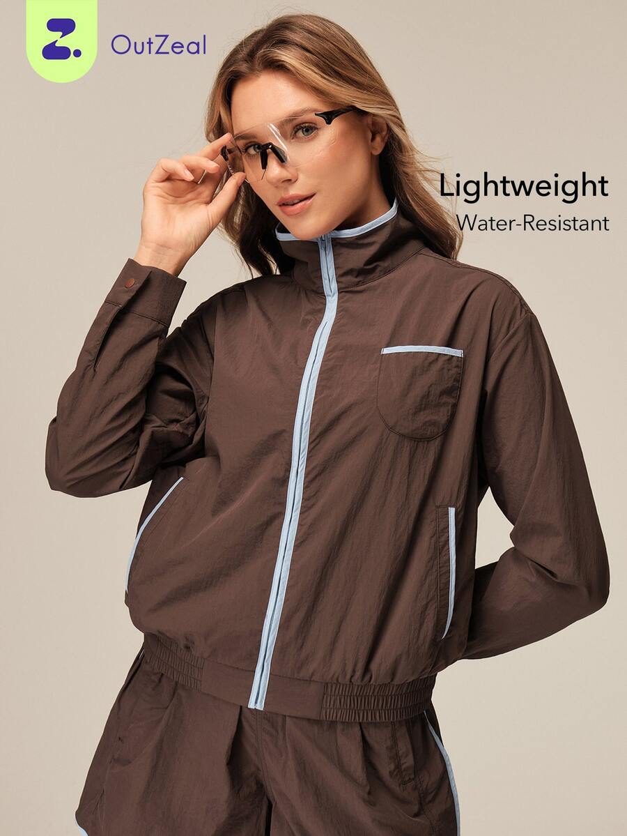 OutZeal Women Sports Jacket Gym Workout Casual Water-Resistant Multi Pockets Zip Up Jacket - Coffee Brown - View 1