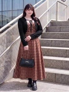 Bijouette 大尺碼女款秋季休閒復古80年代純色短版上衣與黑白格紋細肩帶洋裝2件組，約會早午餐派對秋季棕色 - 杏色 - 查看 7