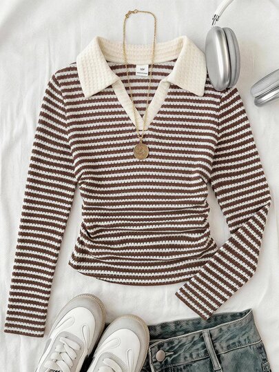 SHEIN Teen Girl Teen Girls Brown Collared Long Sleeve Casual Streetwear T-Shirt Graduation Party Fall,Brown Top,Robe Pull
