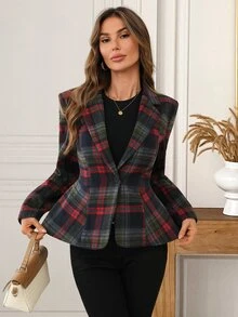 EMERY ROSE Women's Plaid Lapel Neck Long Sleeve Single Button Regular Jacket - Multicolor - View 7