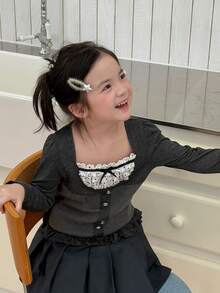 Dazy Kids (Gadis Muda) Kaos Lengan Panjang dengan Lapisan Dalam Warna Abu-abu Musim Gugur - Dark Grey - View 3