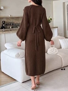 Feyla Women's Elegant Fashion Round Neck Sweater Dress For Business Office Commuter , Fall - Coffee Brown - View 2