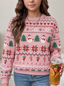 Tween Girls Casual Crew Neck Drop Shoulder Sweatshirt With Cartoon Pattern, Thermal Lined And Thick, Suitable For Autumn/Winter - Multicolor - View 5