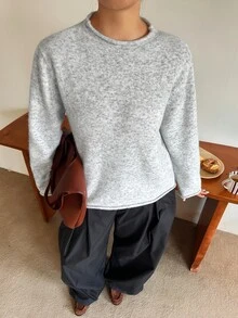 Dazy Plus Solid Color Minimalist Casual Loose Fit Pullover Sweater, New Autumn/Winter Style - Light Grey - View 6