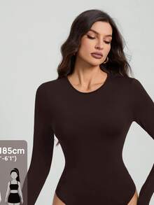 SHEIN Tall 純色長袖修身黑色連身衣，適合高個女性 - 巧克力棕 - 查看 8