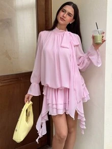 MainGRL Women's Pink Chiffon Long-Sleeved Short Dress With Bow Tie - Romantic, Sweet, And Versatile - Pink - View 4