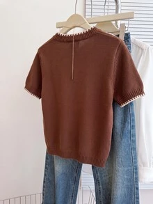 SHEIN Franclia 法式復古寬鬆圓領短袖針織對比飾邊米色女款春秋毛衣上衣，適合夏季、新年、感恩節 - 鏽棕色 - 查看 2