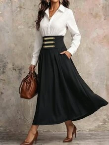 Holdful Holdful Solid Shirt & High Waist Fold Pleated Skirt - Black and White - View 5