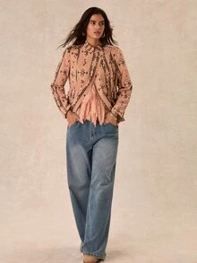 Easelle Vintage Bohemian Jacquard Embroidered Design Loose Women's Jacket - Pink - View 3
