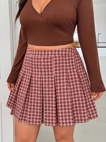 GalTyme Plus Size Casual Commute Plaid Pleated Skirt - Red and White - View 5