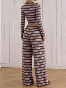 SHEIN EZwear 秋季新款復古棕色條紋印花抓皺長袖T恤與長褲兩件套，復古學院風，適合秋冬、畢業季、開學季、派對、聚會 - 彩色 - 查看 2