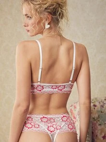 Elorette 2pcs White Colorblock Christmas Triangle Cup High Waist Lace Patchwork Romantic Elegant Women's Lingerie Set - White - View 2