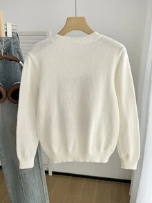 SHEIN 女童美式國旗設計熊刺繡針織毛衣，奶油白中厚款圓領標準肩寬套頭長袖針織上衣，舒適面料，適合單穿、疊穿、休閒外出、聚會與旅行 - 米色 - 查看 2