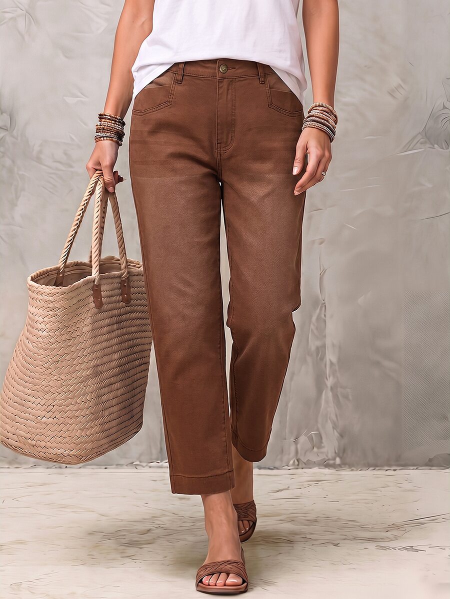 LUMIGAL Plus Size Women's Casual Daily Denim Jeans With Pockets And Buttons - Coffee Brown - View 1