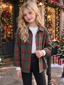 SHEIN Elladie kids 1件女孩復古可愛休閒風經典紅綠格紋印花翻領長袖前扣式寬鬆襯衫，聖誕校園風 - 綠色 - 查看 3