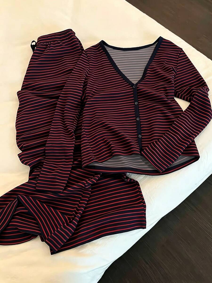 INAWLY Women's Casual Striped Home Wear Button Long Sleeve Set, Autumn/Winter Daily Long Sleeve 2 Pieces Set - Red - View 1