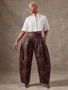 Vixey High Waist Pleated Detail Barrel Leg Office Pants, Office Work Wear - Brown - View 2