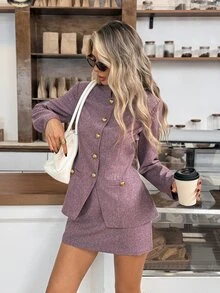 Easowa Button Front Jacket & Bodycon Skirt - Brown - View 3