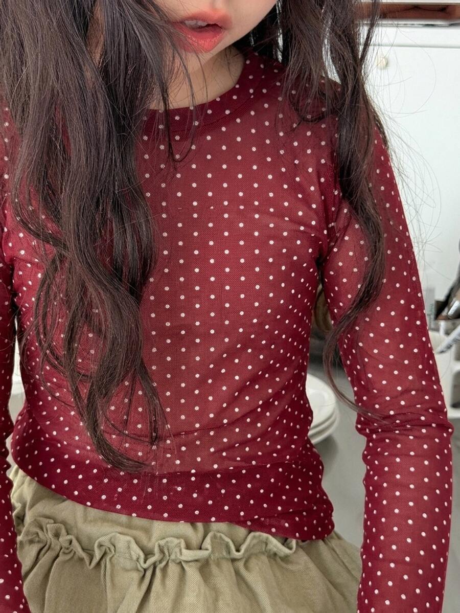 Dazy Kids 青少年女孩圓領波點T恤 - 酒紅色 - 查看 1