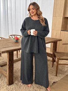 SHEIN CURVE+ 大尺碼女款秋季休閒純色巧克力棕色冬季豐滿居家穿著兩件套秋季 - 深灰色 - 查看 7