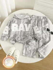 SHEIN 2件組兒童小男孩秋冬休閒衛衣褲套裝，衛衣套裝，男孩套裝，秋冬套裝，運動套裝，迷彩套裝 - 彩色 - 查看 2