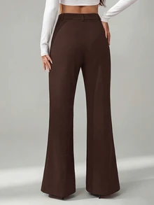 SHEIN Tall 女款純色前扣休閒修身喇叭黑色長褲 - 咖啡棕 - 查看 5