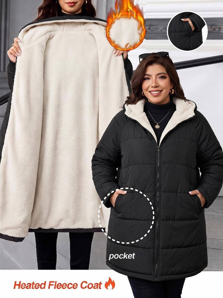 SHEIN CURVE+ Plus Size Zip-Up Hooded Padded Coat With Pockets, Long Sleeve, Winter - Black - View 1