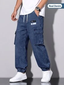 SHEIN 青少年男孩街頭休閒抽繩腰多口袋工裝慢跑牛仔褲，日常上學街頭穿搭百搭時尚單品，秋季時尚，OOTD靈感 - 深色水洗藍 - 查看 1