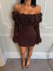 SHEIN SXY Women's Solid Color Tassel Design Off-Shoulder Long Sleeve Fashion Knit Dress - Coffee Brown - View 4