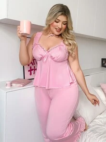 Eraneu Conjunto de Pijama de 2 Piezas Talla Grande Serie Chica Colorida con Volantes Sin Relleno - Rosa - Ver 3