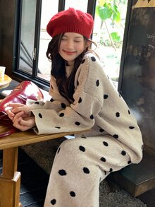 DAZY Women's Polka Dot Casual Sweater 2 Pieces Set - Khaki - View 2