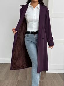 SHEIN PETITE 女款卡其色休閒開襟裝飾學院風風衣 - 紫色 - 查看 6