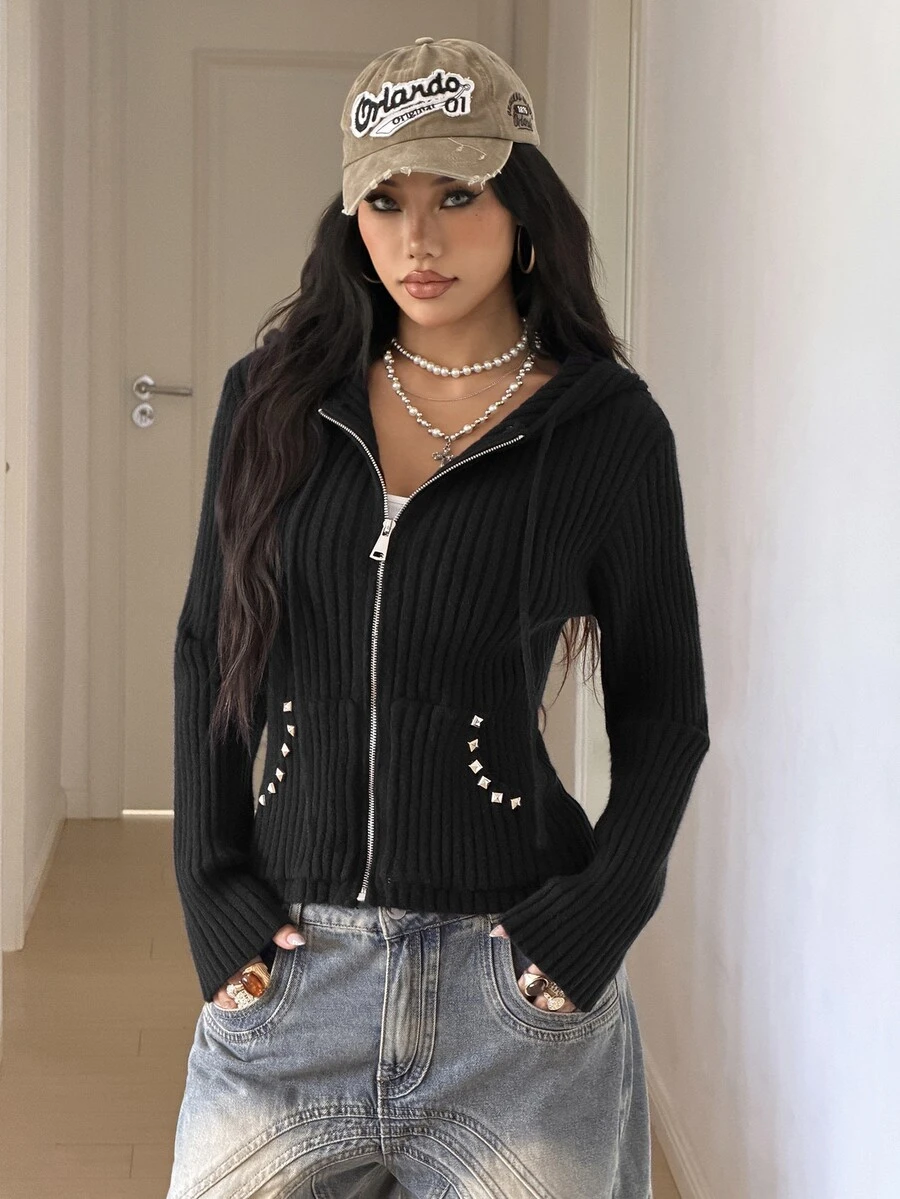 StreetHx Women's Studded Decor Zipper Casual Daily Outing Hooded Cardigan - Black - View 1