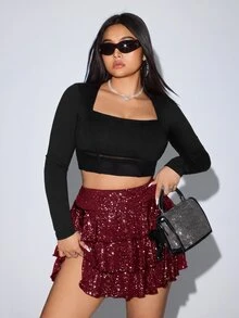 SHEIN ICON 大尺碼女款亮片多層蛋糕裙 秋季 - 酒紅色 - 查看 5
