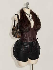 SHEIN ICON ملابس علوية كورسيه برقبة هالتر من الفرو الصناعي بتصميم باتشوورك مثيرة بأسلوب Y2K مقاس كبير - بني - مشاهدة 5