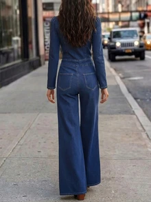 Balvessa Women's Piped Square Neck Long Sleeve Button Half-Placket Wide Leg Denim Jumpsuit - Blue - View 2
