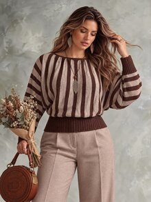 Ceyna كنزة صوفية نسائية مقاس كبير كاجوال مخططة عمودياً بتصميم كتل لونية وأكمام خفاشية طويلة مع أساور - متعدد الألوان - مشاهدة 3