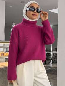 DAZY 女款純色落肩長袖寬鬆休閒毛衣，秋冬女裝高領端莊時尚校園風 - 紫色 - 查看 4