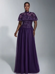 Elitara Plus Size Elegant Minimalist Deep Purple Lace Embroidered 2 Pieces Set Tube Top With Shawl Bodycon A-Line Long Dress For Wedding, Party, Formal Evening Event - Dark Purple - View 1
