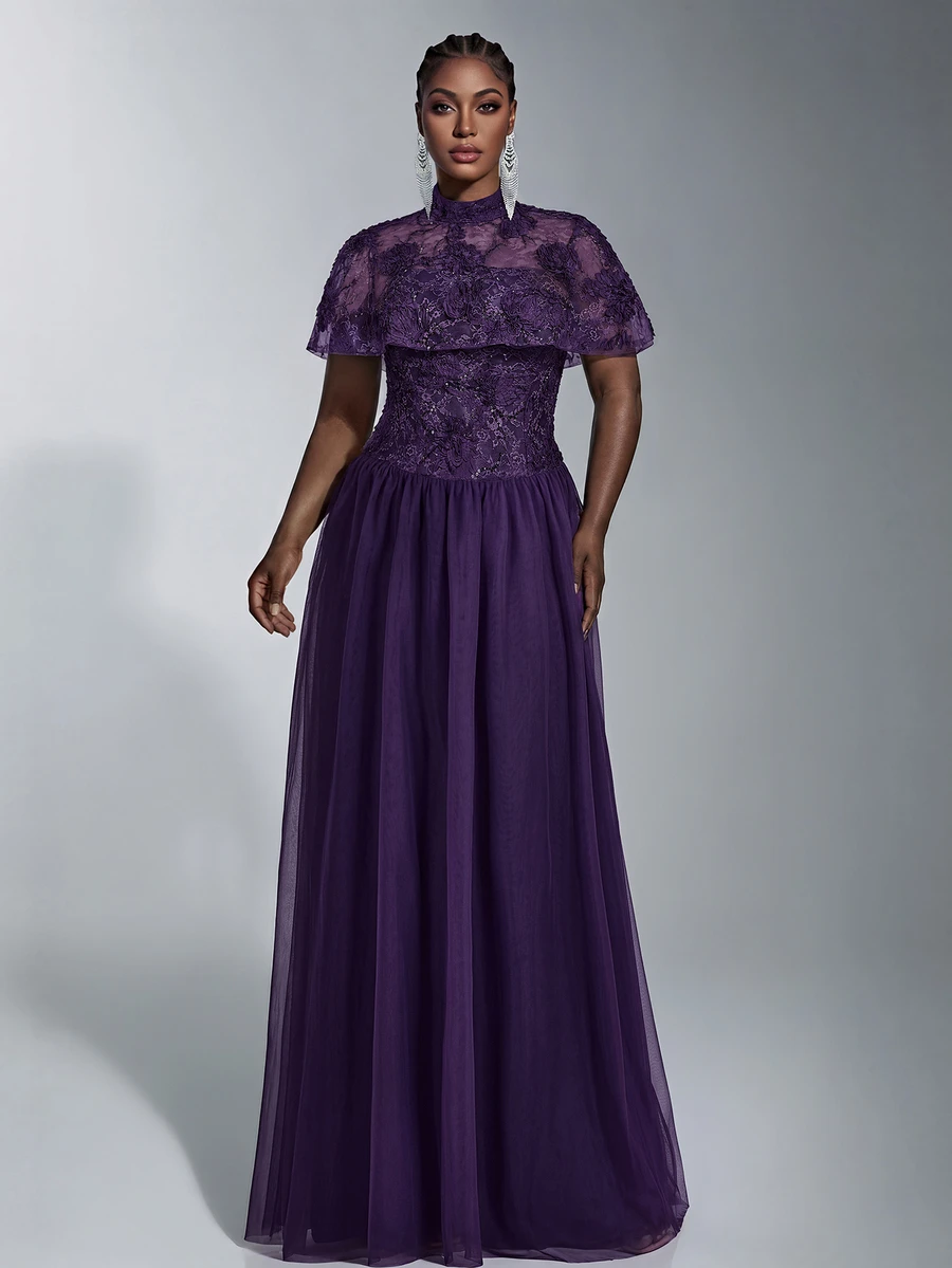 Elitara Plus Size Elegant Minimalist Deep Purple Lace Embroidered 2 Pieces Set Tube Top With Shawl Bodycon A-Line Long Dress For Wedding, Party, Formal Evening Event - Dark Purple - View 1