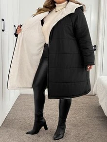 SHEIN CURVE+ Plus Size Zip-Up Hooded Padded Coat With Pockets, Long Sleeve, Winter - Black - View 8