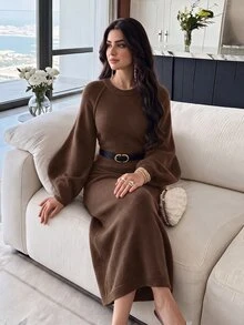 Feyla Women's Elegant Fashion Round Neck Sweater Dress For Business Office Commuter , Fall - Coffee Brown - View 1