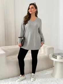 Shapeblank 大尺碼百搭時尚長袖T恤，開衩下擺，秋季外出上衣，簡約風格，保暖秋季女款T恤，秋冬適用 - 淺灰色 - 查看 8
