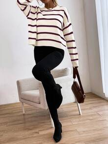Sprig & Strand Women Striped Round Neck Dropped Shoulder Long Sleeve Casual Pullover Sweater, Autumn/Winter Knit Pullover Fall - Red and White - View 4